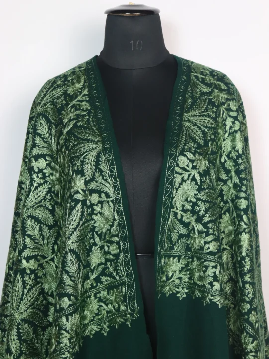 Meesha Shawl in Dark Green Cashmilon with Aari Work - Image 2