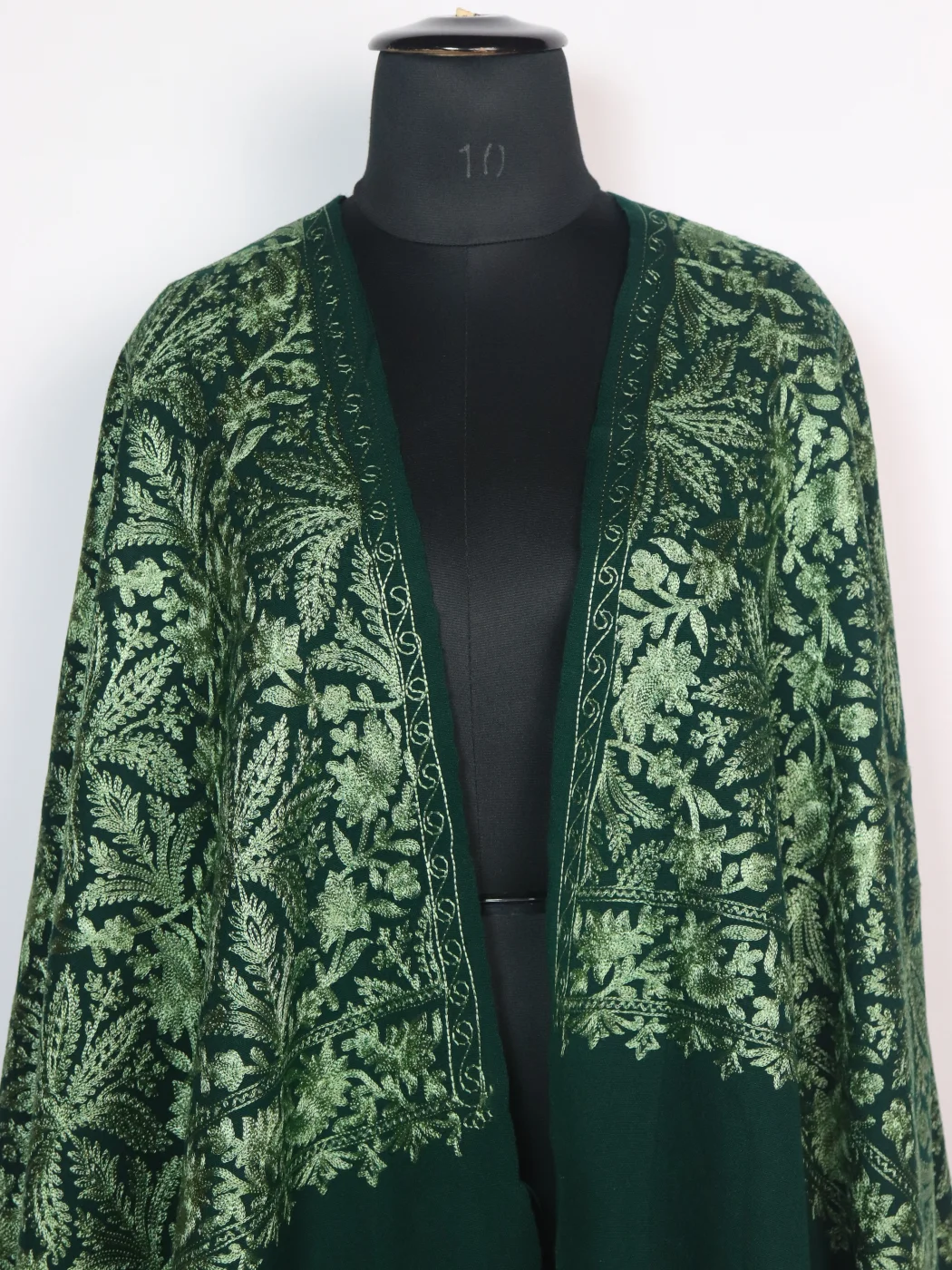 Meesha Shawl in Dark Green Cashmilon with Aari Work - Image 2