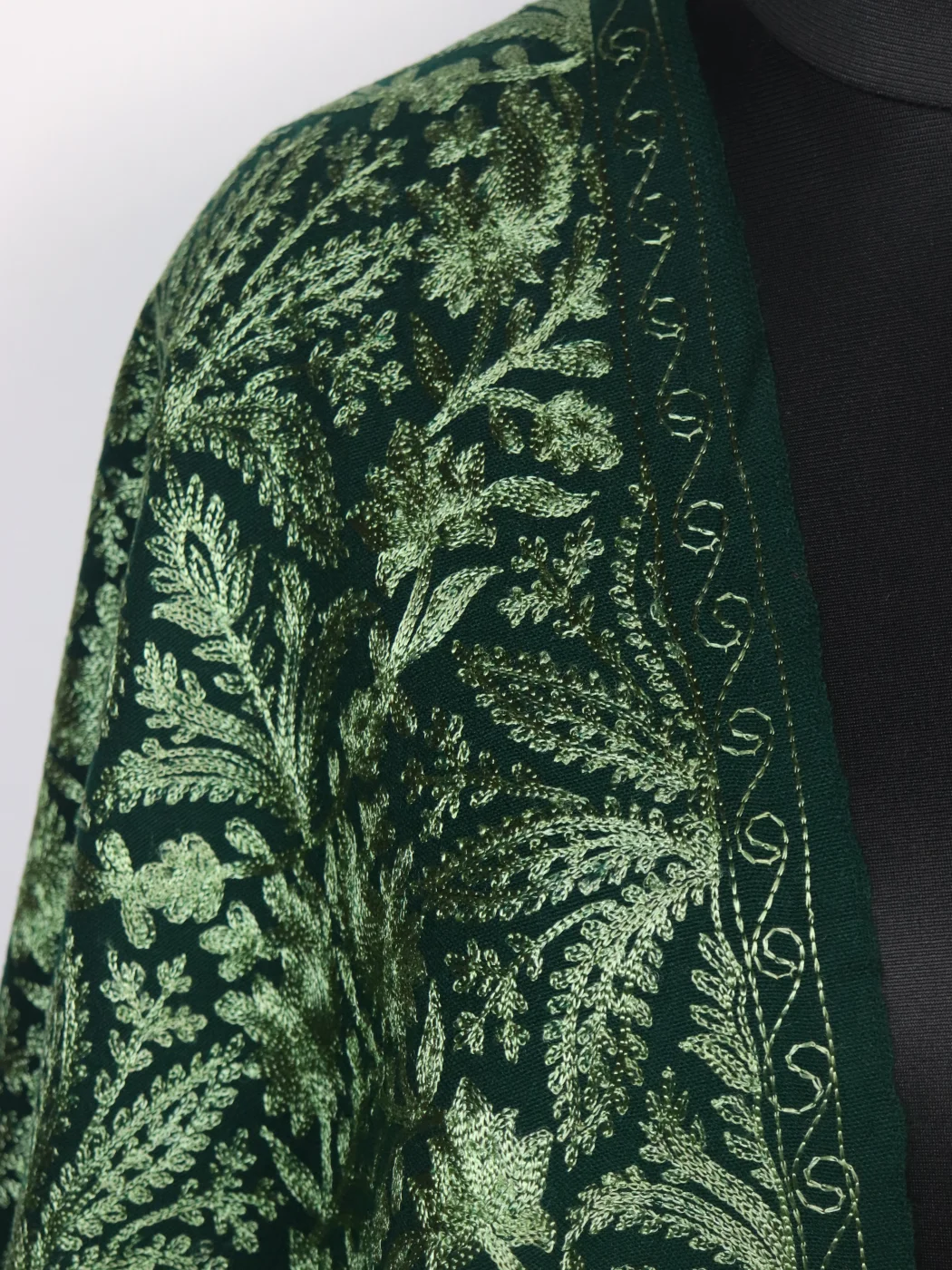 Meesha Shawl in Dark Green Cashmilon with Aari Work - Image 3