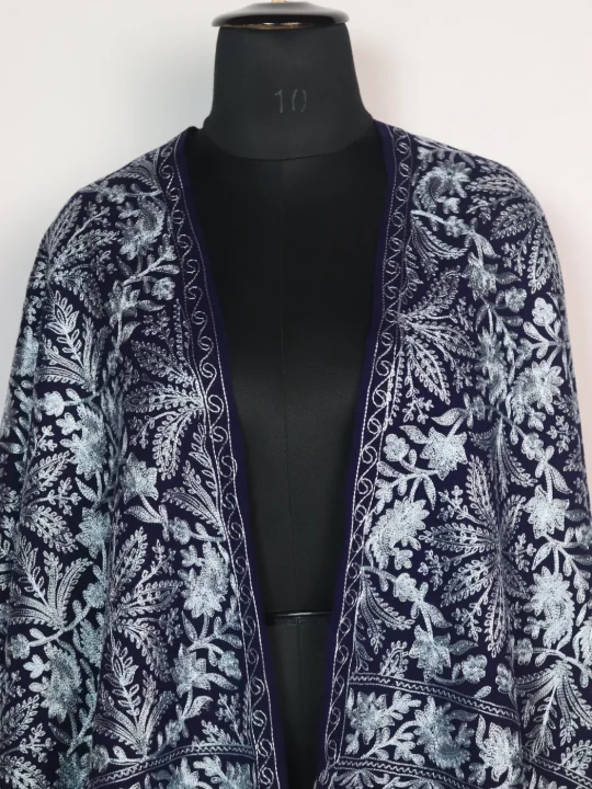 Meesha Shawl in Cashmilon with Aari Work | Blue - Image 2