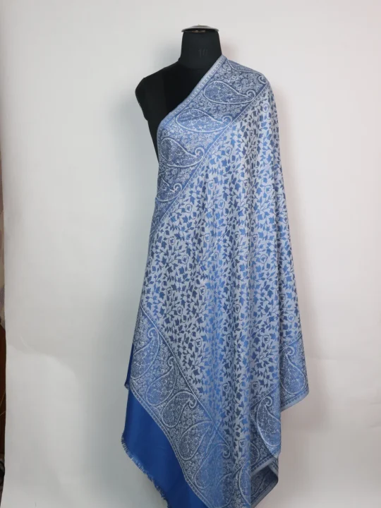 Wool Kani Inspired Shawl in Blue and White | Rukhsaar