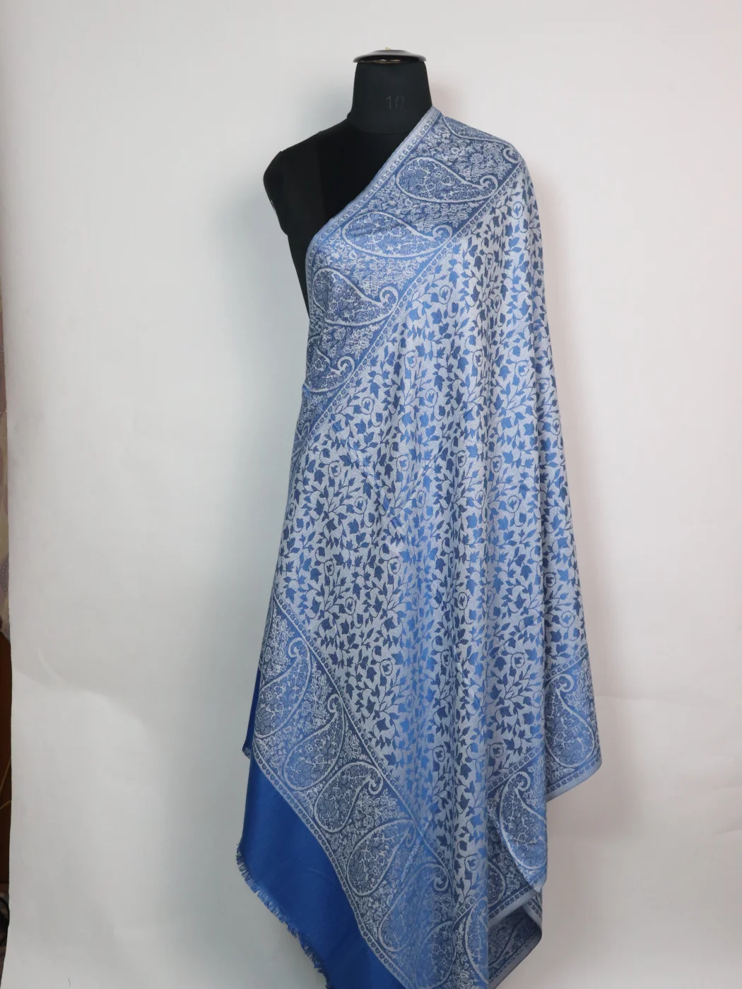 Wool Kani Inspired Shawl in Blue and White | Rukhsaar