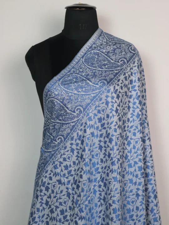 Wool Kani Inspired Shawl in Blue and White | Rukhsaar - Image 2