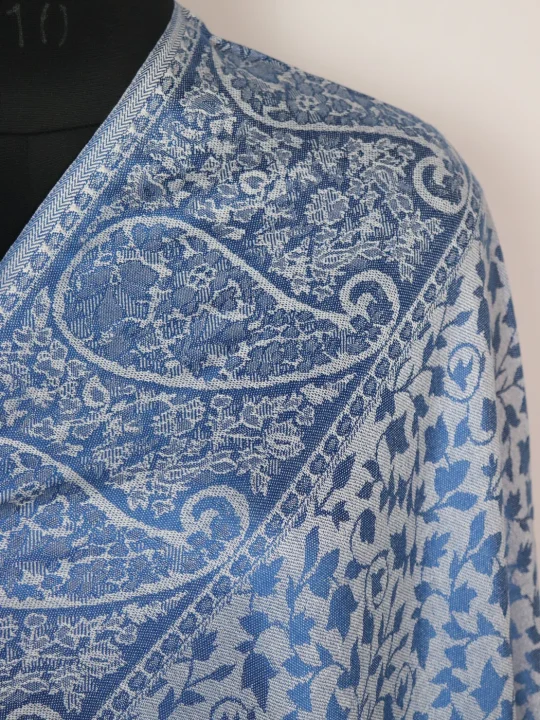 Wool Kani Inspired Shawl in Blue and White | Rukhsaar - Image 3