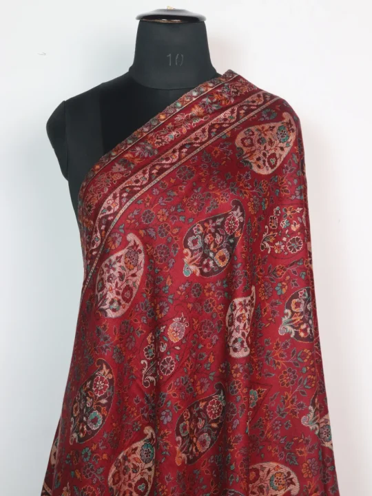 Rukhsaar Shawl in Maroon Wool with Big Badami Kani Inspired Pattern - Image 2