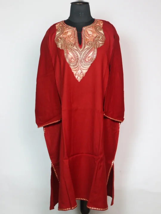 Shazia Kashmiri Pheran In Raffal Wool With Botte Tilla Embroidery | Red