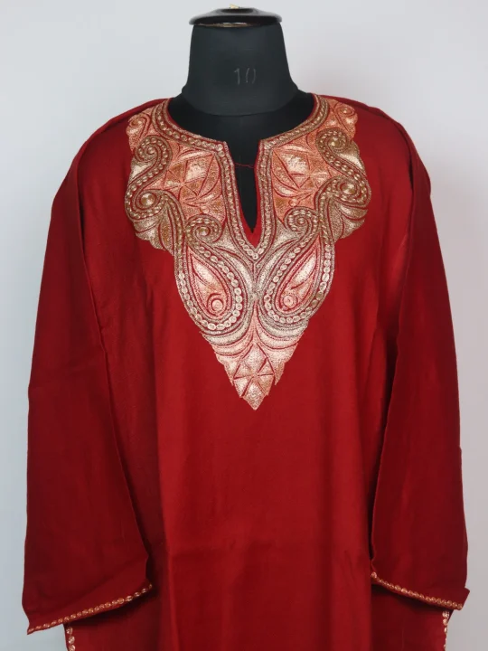 Shazia Kashmiri Pheran In Raffal Wool With Botte Tilla Embroidery | Red - Image 2