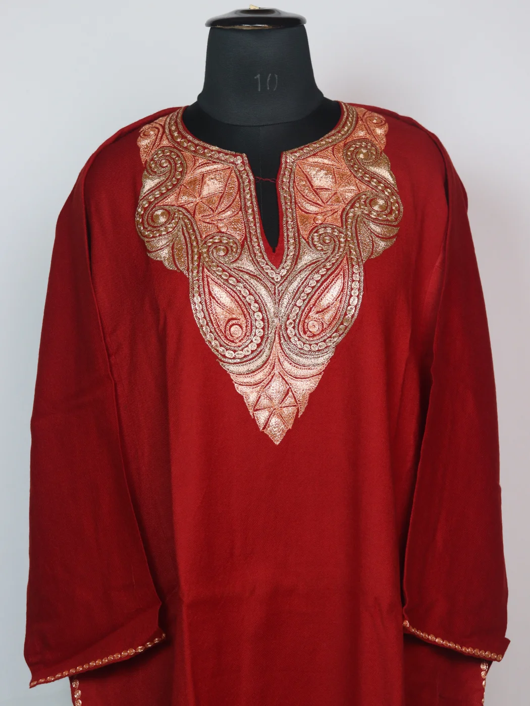 Shazia Kashmiri Pheran In Raffal Wool With Botte Tilla Embroidery | Red - Image 2