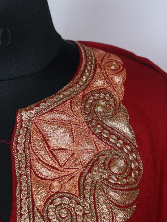 Shazia Kashmiri Pheran In Raffal Wool With Botte Tilla Embroidery | Red - Image 3