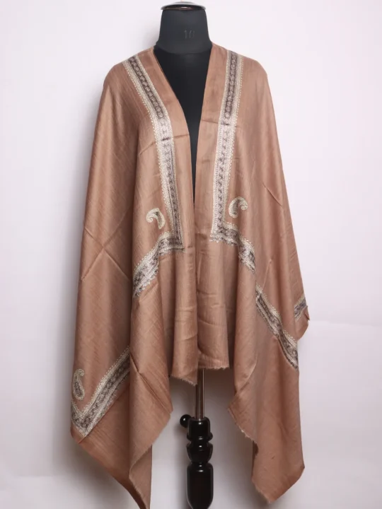 Sumaiya Kashmiri Stole In Fine Wool With Aari Nalki Work | Brown