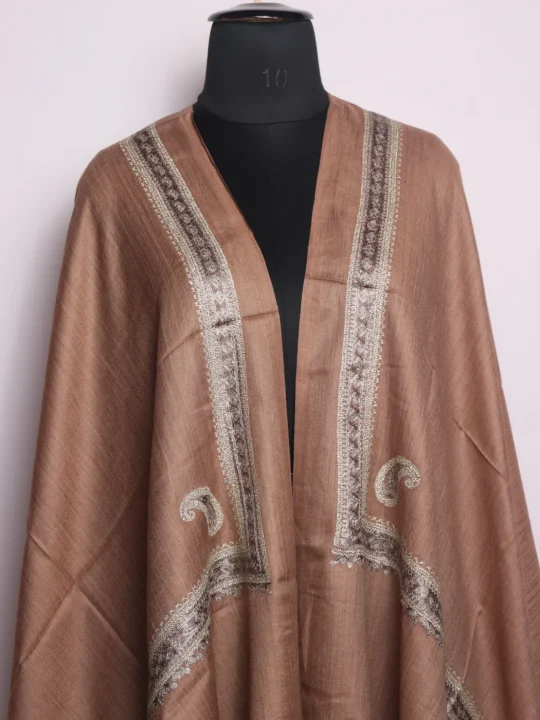 Sumaiya Kashmiri Stole In Fine Wool With Aari Nalki Work | Brown - Image 2