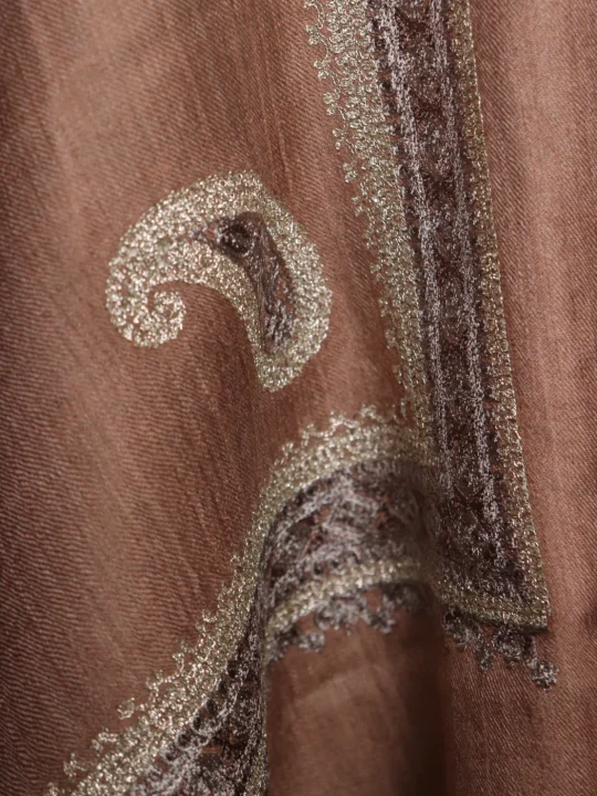 Sumaiya Kashmiri Stole In Fine Wool With Aari Nalki Work | Brown - Image 3