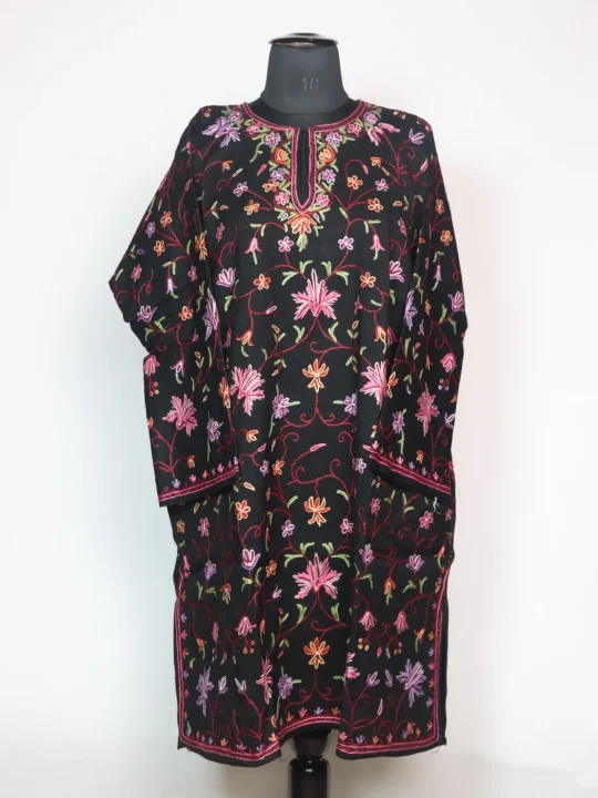 Suroor Kashmiri Pheran In Raffal Wool With Hand Aari Work | Black | Badam Work