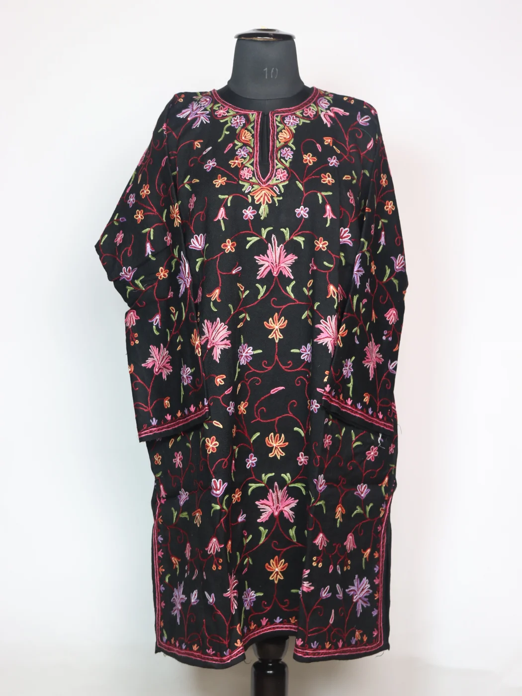 Suroor Kashmiri Pheran In Raffal Wool With Hand Aari Work | Black | Badam Work