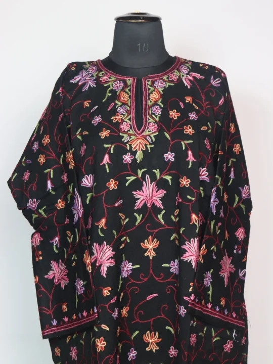 Suroor Kashmiri Pheran In Raffal Wool With Hand Aari Work | Black | Badam Work - Image 2