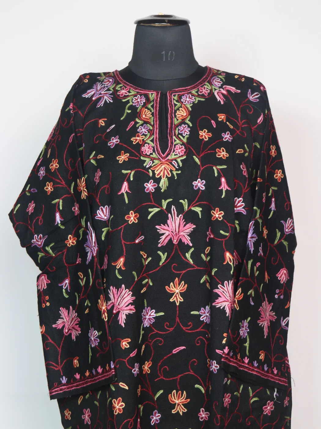 Suroor Kashmiri Pheran In Raffal Wool With Hand Aari Work | Black | Badam Work - Image 2