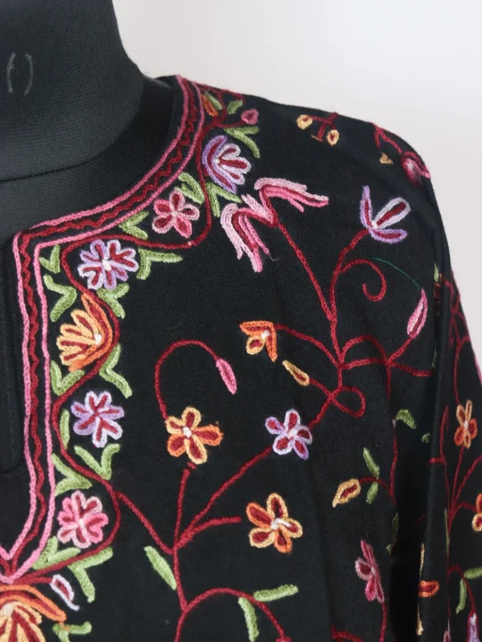 Suroor Kashmiri Pheran In Raffal Wool With Hand Aari Work | Black | Badam Work - Image 3