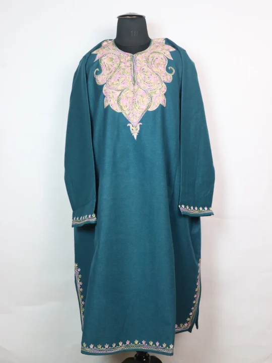 Kashmiri Pheran In Teal Blue Tweed Wool With Aari Embroidery | Fiza