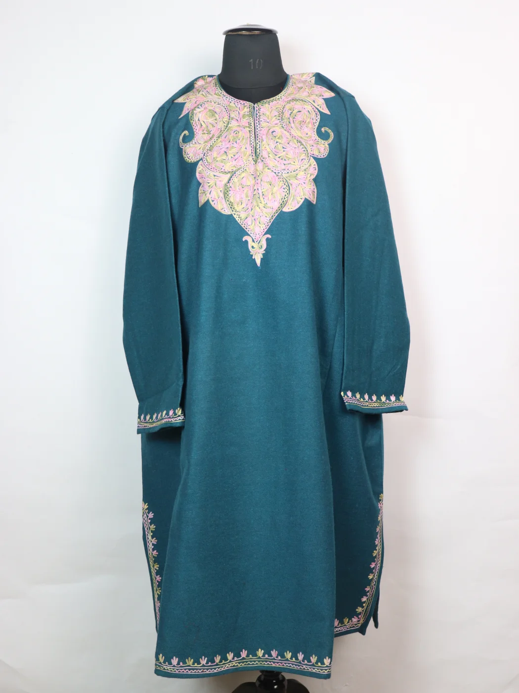 Kashmiri Pheran In Teal Blue Tweed Wool With Aari Embroidery | Fiza
