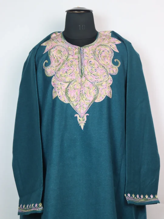 Kashmiri Pheran In Teal Blue Tweed Wool With Aari Embroidery | Fiza - Image 2