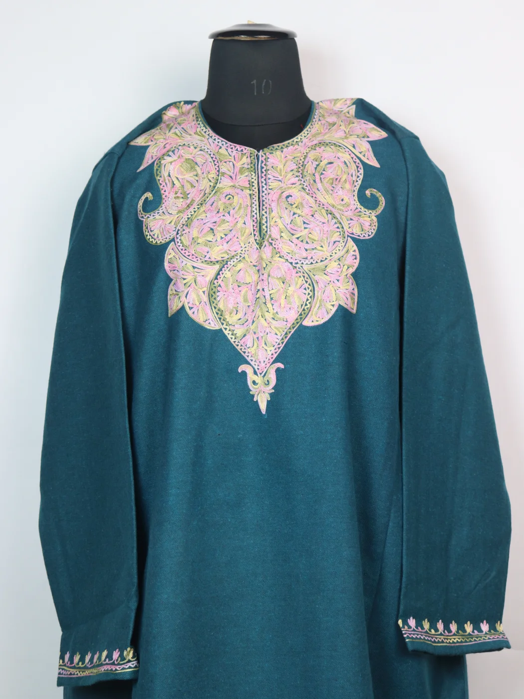Kashmiri Pheran In Teal Blue Tweed Wool With Aari Embroidery | Fiza - Image 2