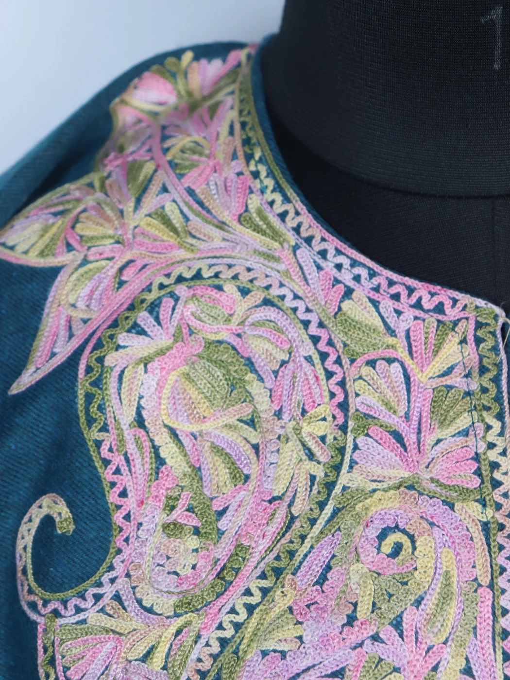 Kashmiri Pheran In Teal Blue Tweed Wool With Aari Embroidery | Fiza - Image 3