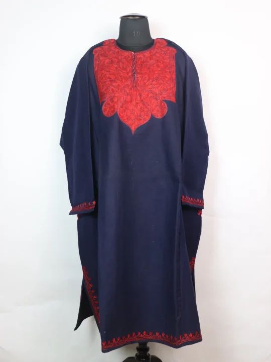 Rida Kashmiri Pheran In Tweed Wool With Aari Embroidery | Navy Blue