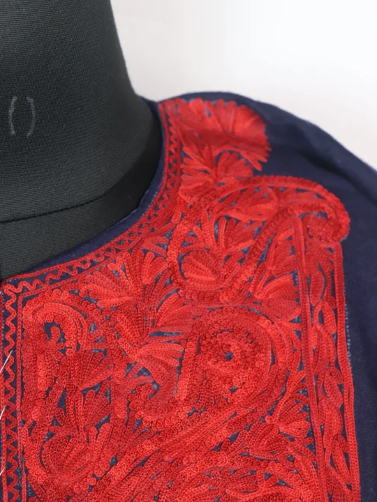 Rida Kashmiri Pheran In Tweed Wool With Aari Embroidery | Navy Blue - Image 3