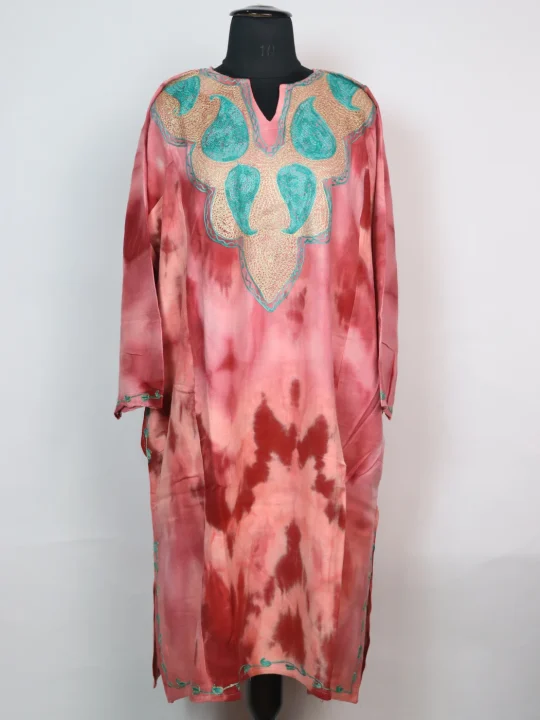 Tie n Dye Kashmiri Pheran Rutba In Cashmilon With Aari And Zari Work | Pink