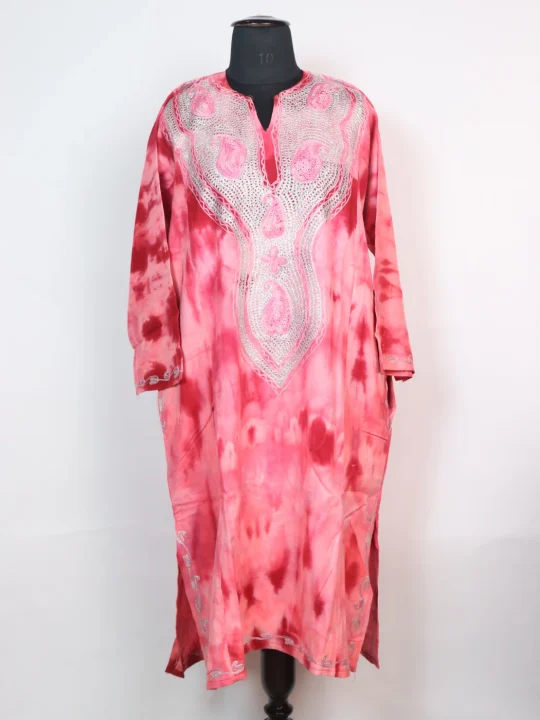 Rutba Kashmiri Pheran In Tie n Dye Cashmilon With Tie Dye Aari And Zari Work | Pink
