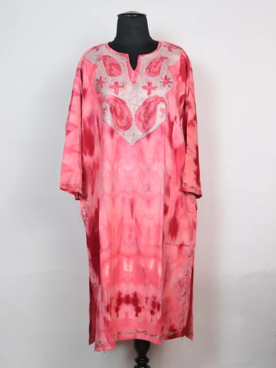 Pink Kashmiri Pheran With Aari And Zari Work In Tie n Dye Cashmilon |Rutba