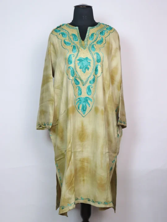 Rutba Kashmiri Pheran In Tie n Dye Cashmilon With Aari And Zari Work | Green