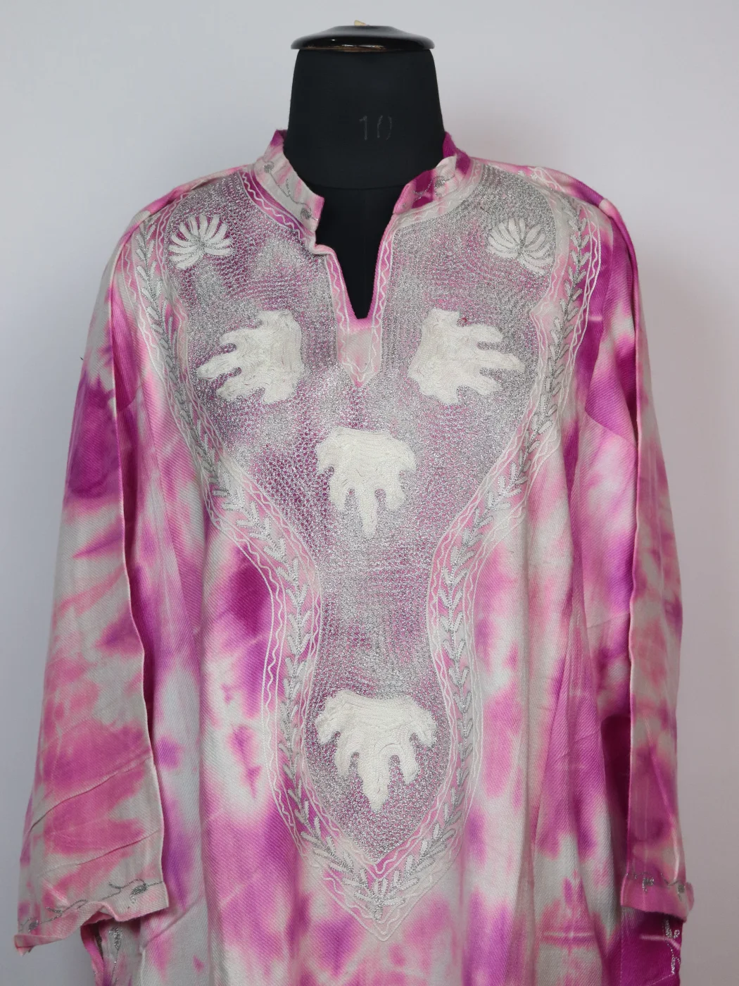 Tie n Dye Kashmiri Pheran In Cashmilon With Aari And Zari Work Rutba | Pink - Image 2
