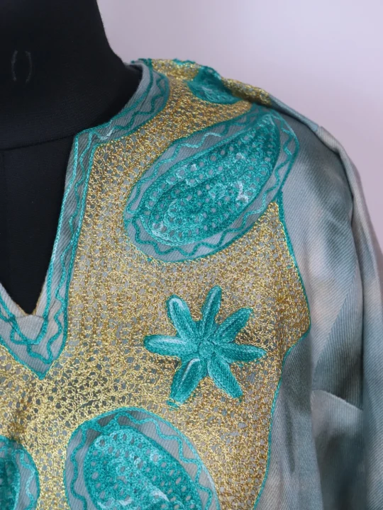 Rutba Kashmiri Pheran In Tie n Dye Cashmilon With Aari And Zari Work | Green - Image 3