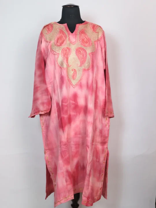 Pink Kashmiri Pheran In Tie n Dye Cashmilon With Aari And Zari Work | Rutba