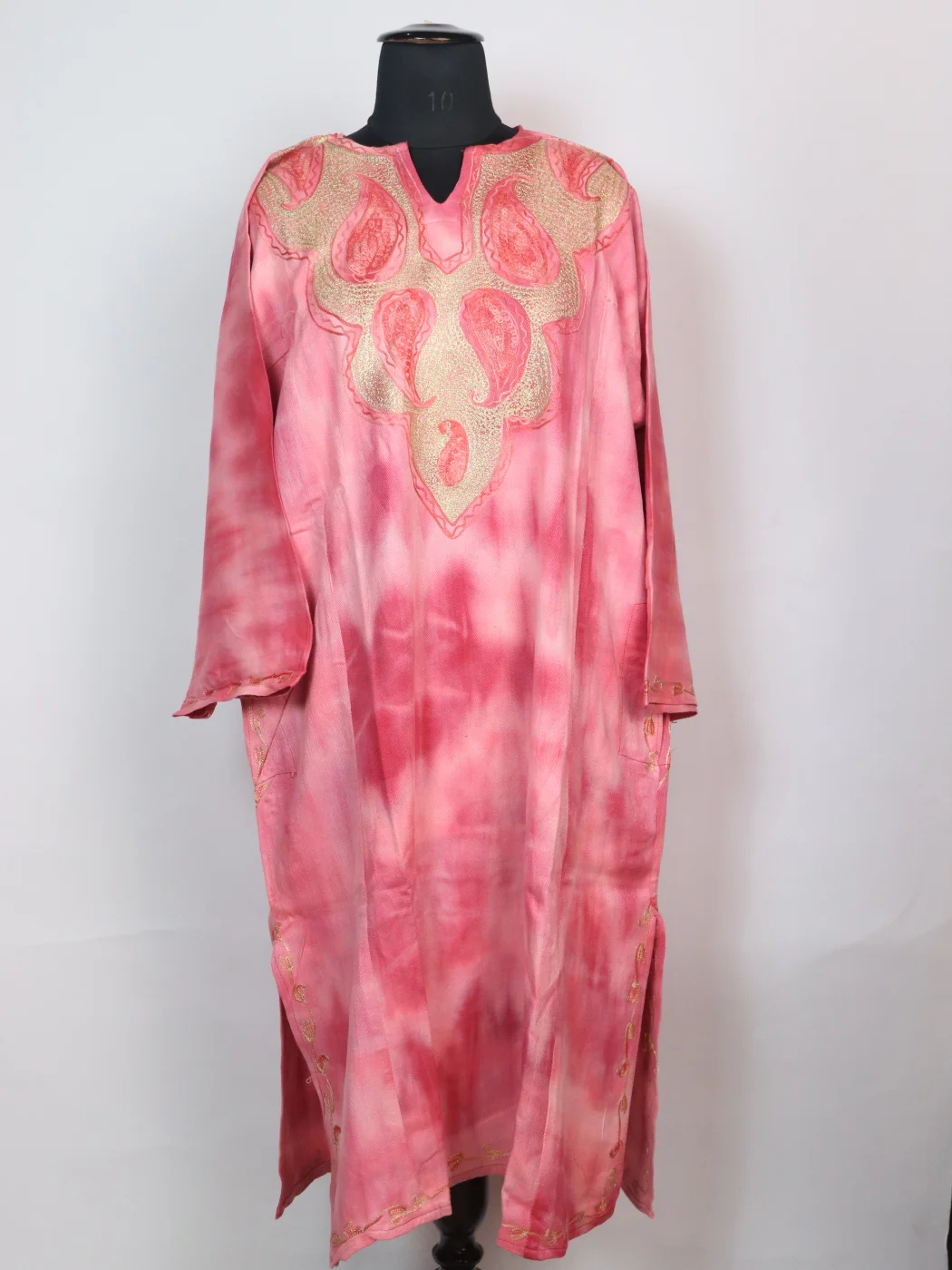 Pink Kashmiri Pheran In Tie n Dye Cashmilon With Aari And Zari Work | Rutba
