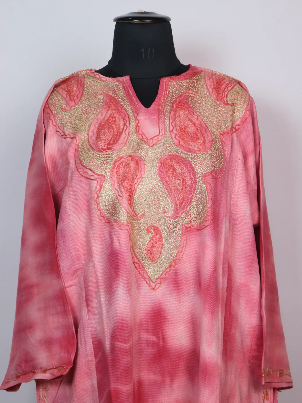 Pink Kashmiri Pheran In Tie n Dye Cashmilon With Aari And Zari Work | Rutba - Image 2