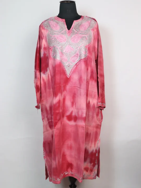 Rutba Kashmiri Pheran In Tie n Dye Cashmilon With Aari And Zari Work | Pink