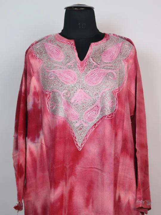 Rutba Kashmiri Pheran In Tie n Dye Cashmilon With Aari And Zari Work | Pink - Image 2