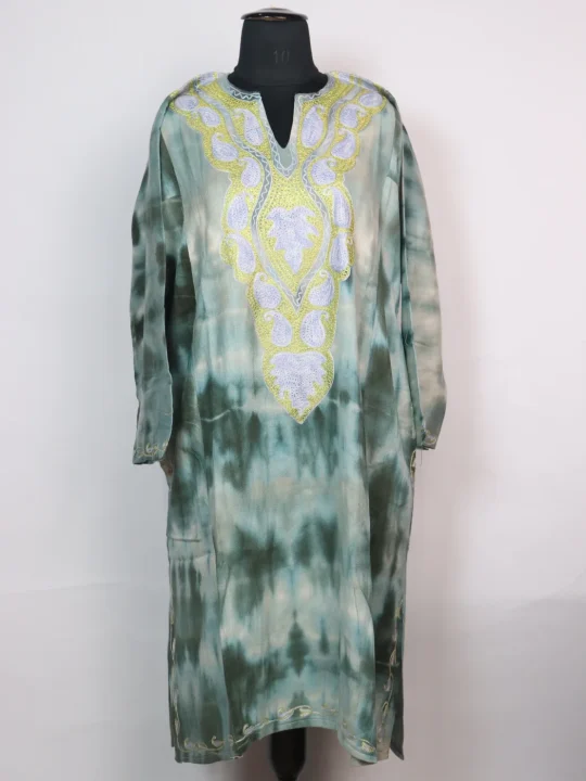 Kashmiri Pheran Rutba In Tie n Dye Cashmilon With Aari And Zari Work | Green