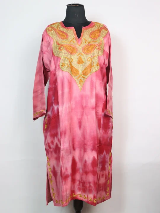 Tie n Dye Kashmiri Pheran Pink In Cashmilon With Aari And Zari Work Rutba
