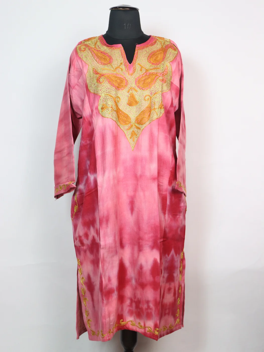 Tie n Dye Kashmiri Pheran Pink In Cashmilon With Aari And Zari Work Rutba