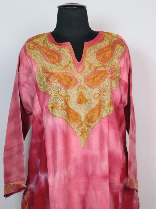 Tie n Dye Kashmiri Pheran Pink In Cashmilon With Aari And Zari Work Rutba - Image 2
