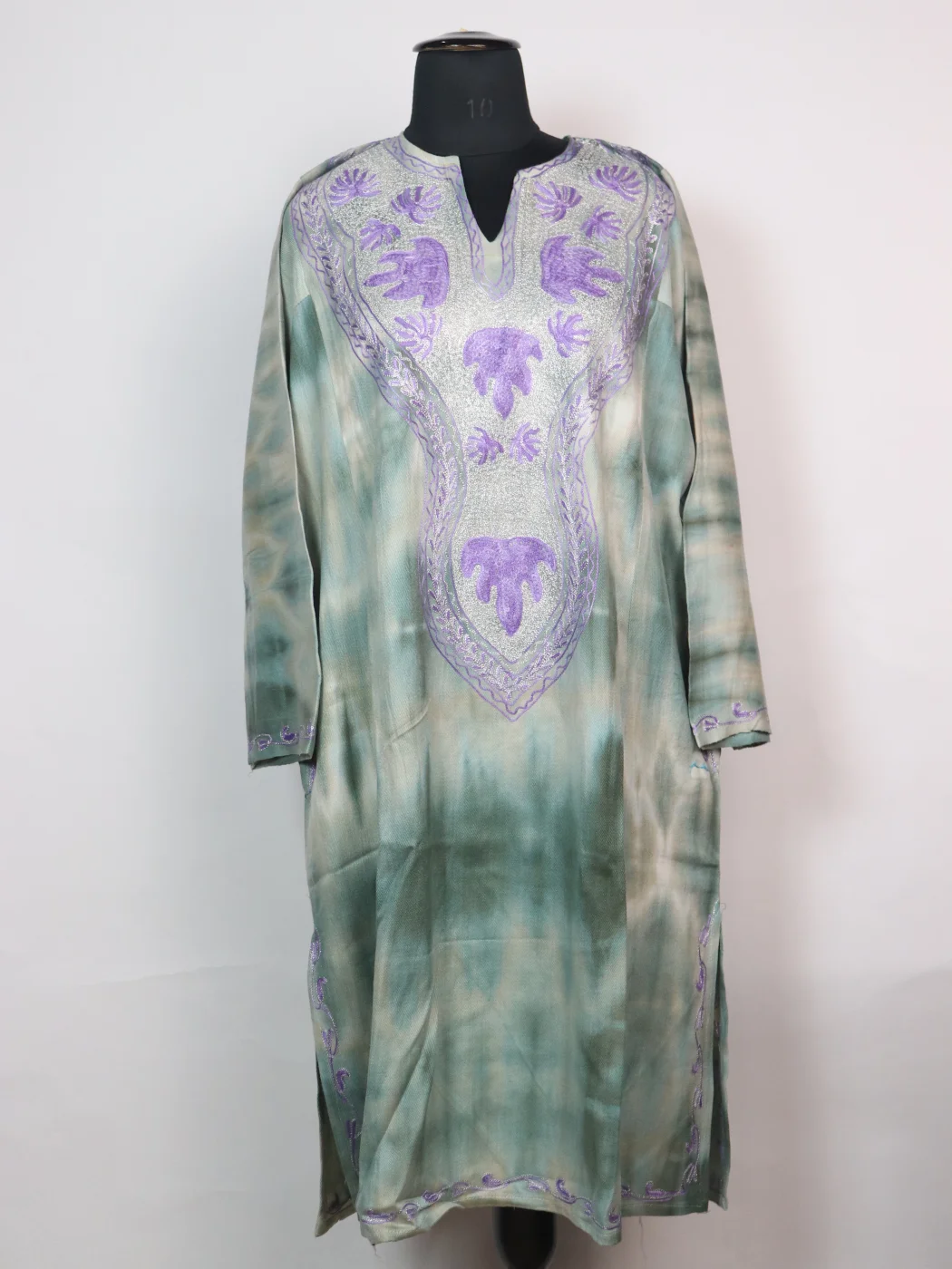 Rutba Kashmiri Pheran In Tie n Dye Cashmilon With Aari And Zari Work | Green