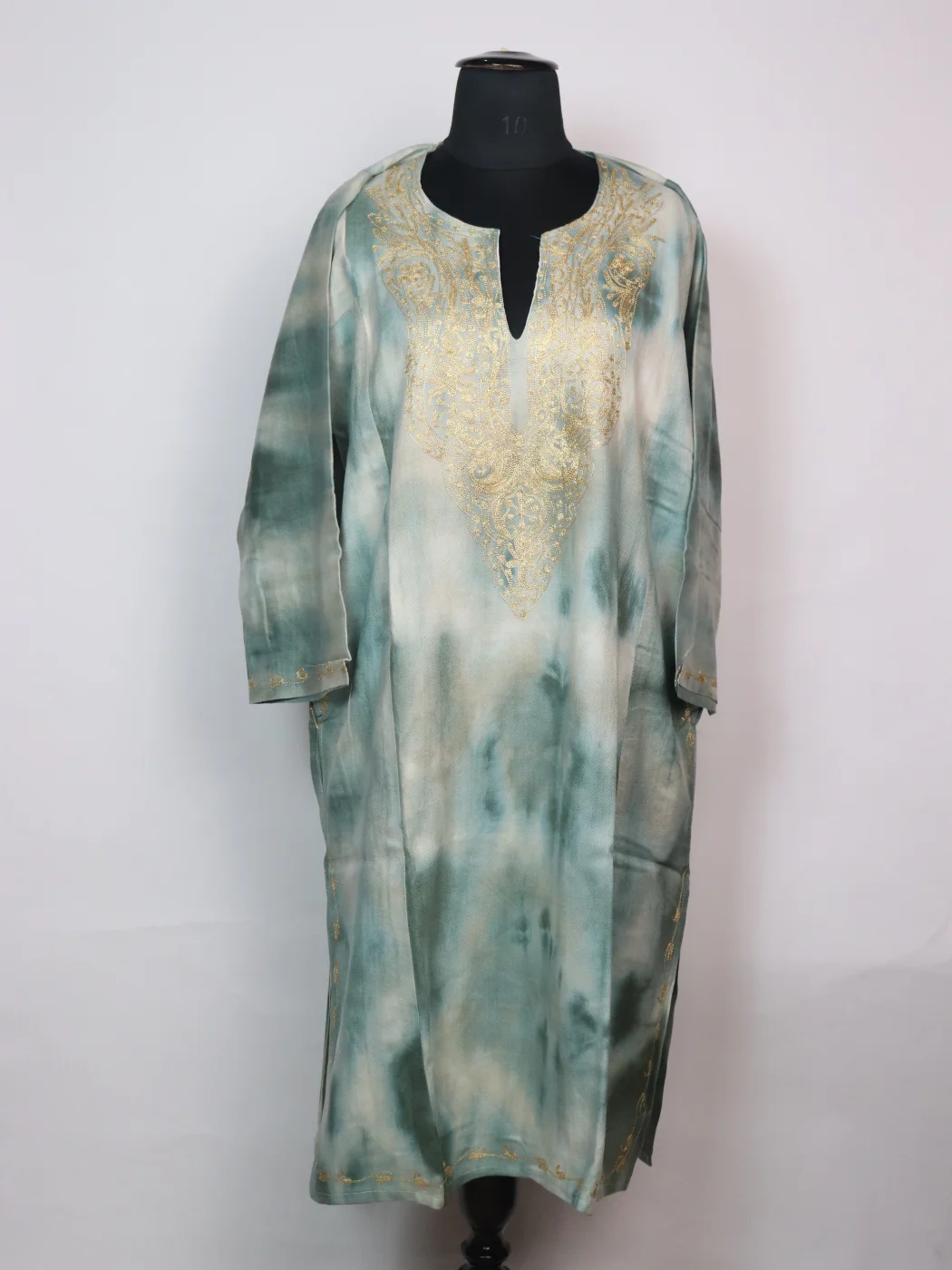 Zohra Kashmiri Pheran In Tie Dye Cashmilon With Zari Work | Sea Green