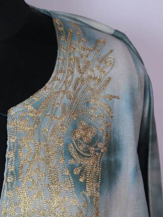 Zohra Kashmiri Pheran In Tie Dye Cashmilon With Zari Work | Sea Green - Image 3