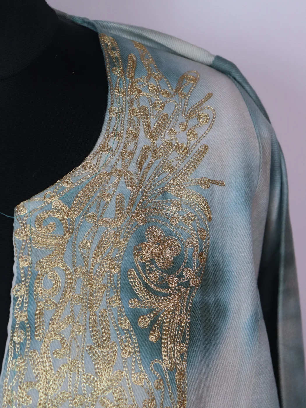 Zohra Kashmiri Pheran In Tie Dye Cashmilon With Zari Work | Sea Green - Image 3
