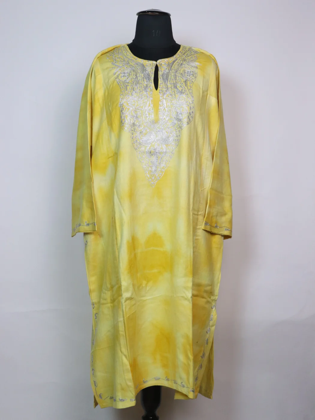 Kashmiri Pheran Zohra In Tie Dye Cashmilon With Zari Work | Yellow