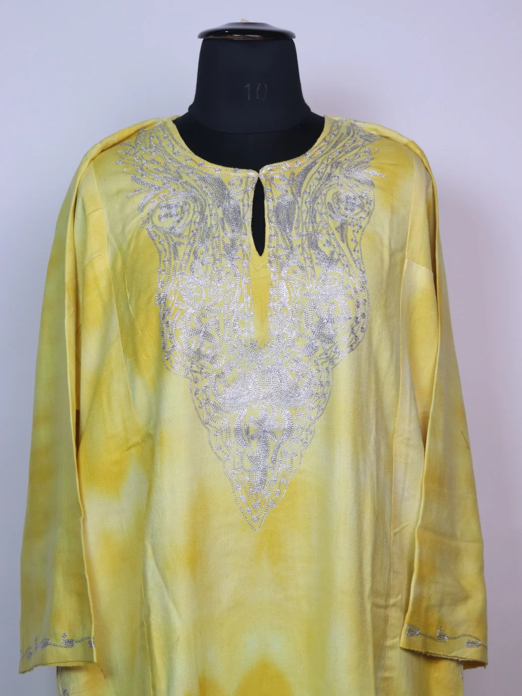 Kashmiri Pheran Zohra In Tie Dye Cashmilon With Zari Work | Yellow - Image 2