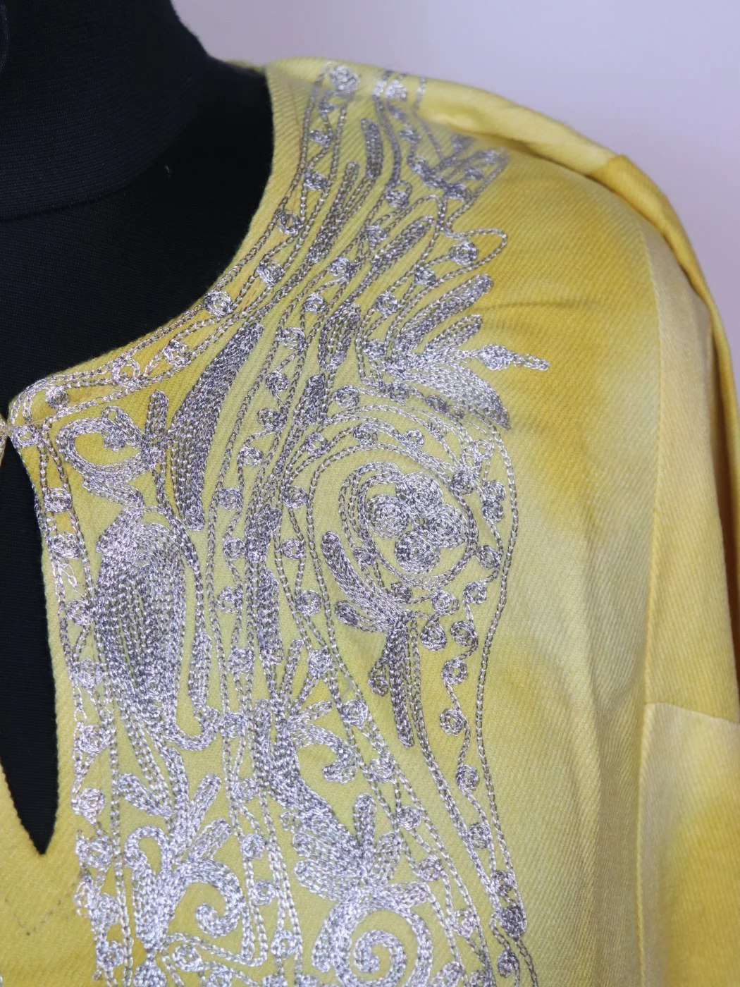 Kashmiri Pheran Zohra In Tie Dye Cashmilon With Zari Work | Yellow - Image 3